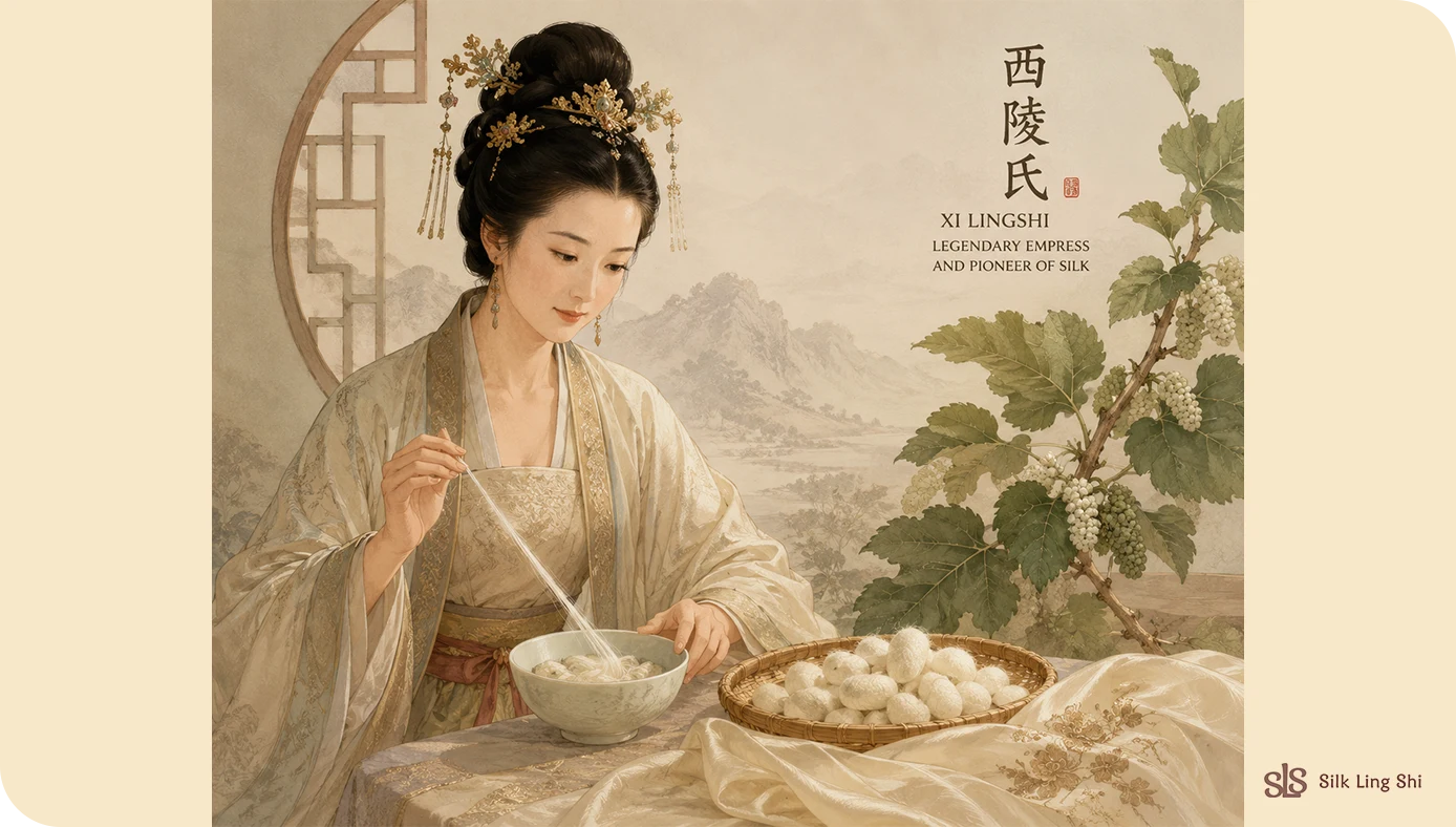 Illustration inspired by Xi Ling Shi with silk cocoons, mulberry leaves, mountains, and flowing silk fabric